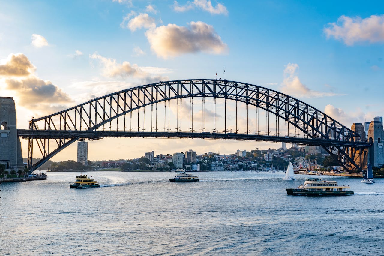 Home Picturesque view of Sydney Harbour Bridge during sunset with ferries and sailboats on the water.
